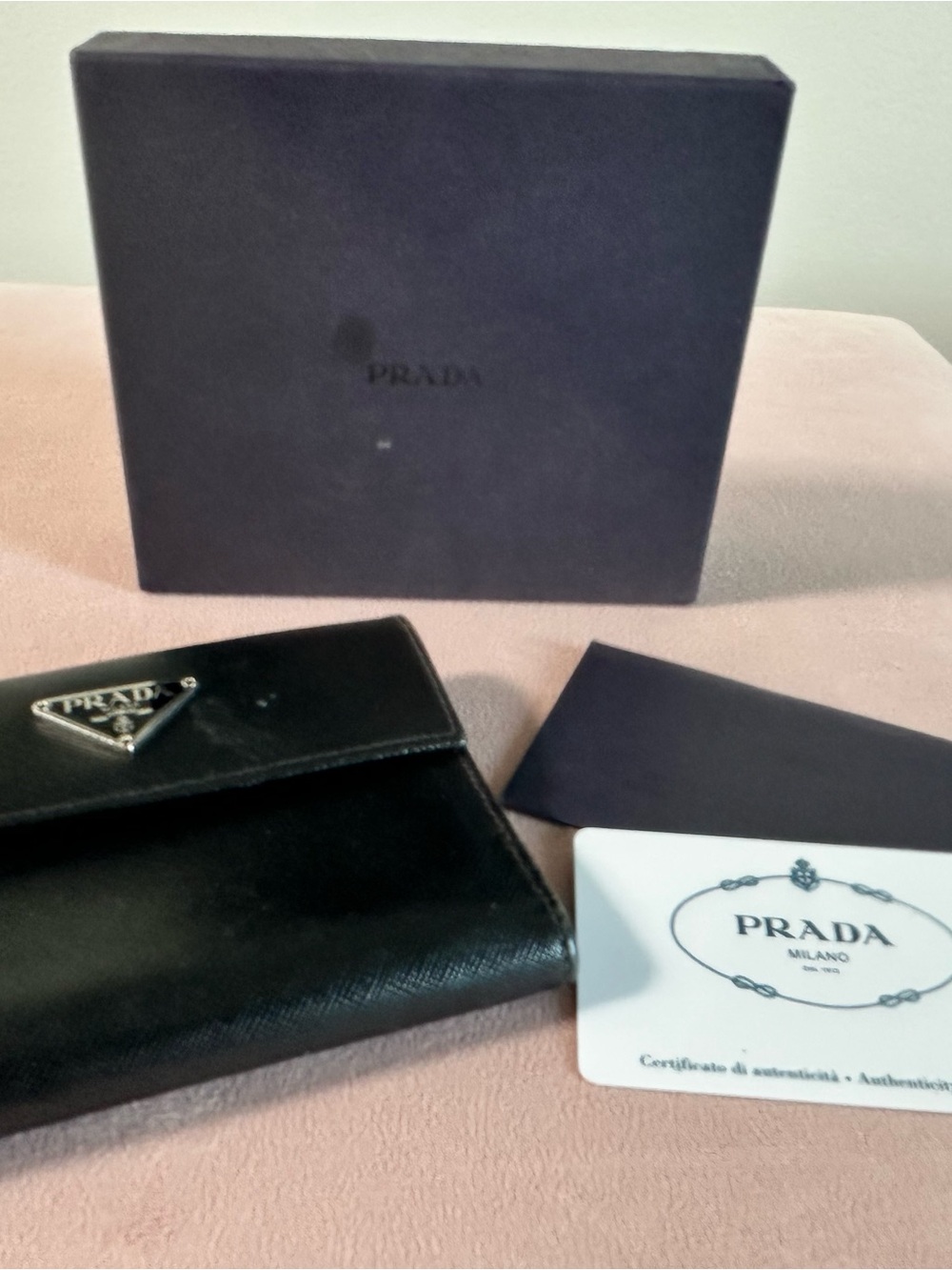 Prada Black Saffiano Leather Triangular Logo Wallet